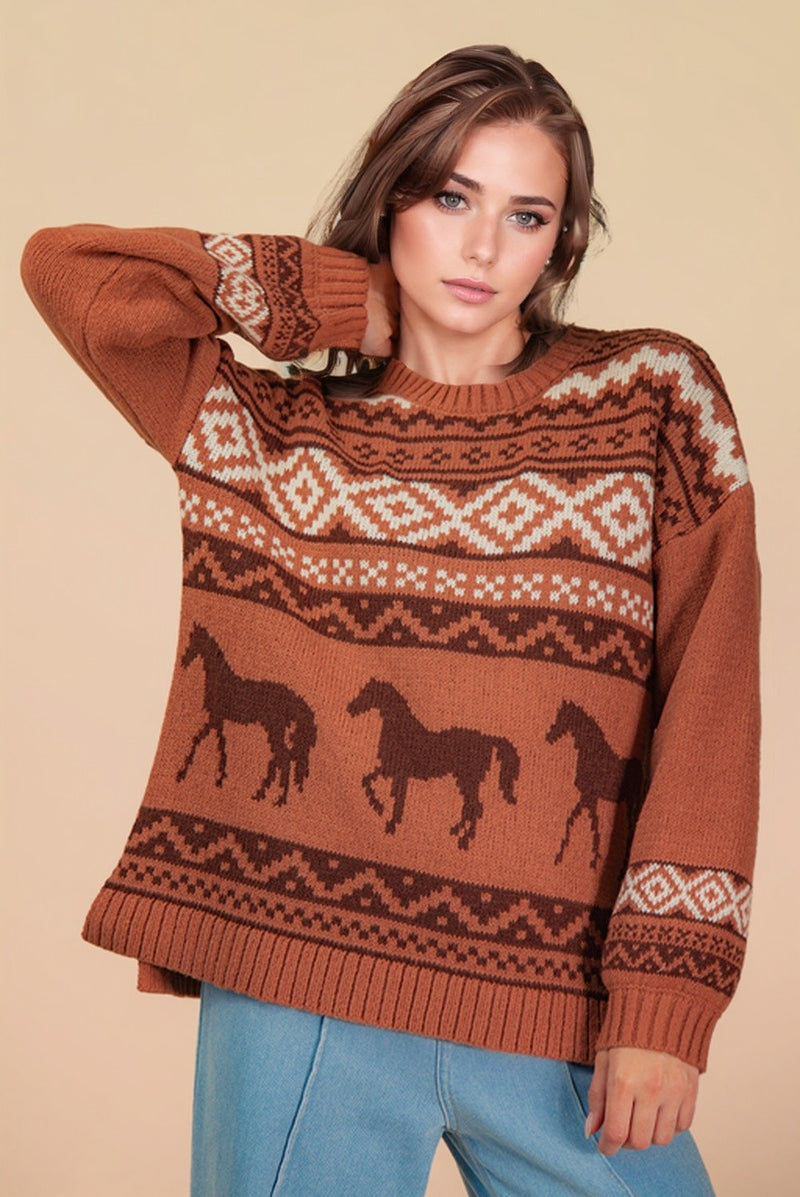 Copper Canyon Crew Neck Western Knit Sweater - Rust
