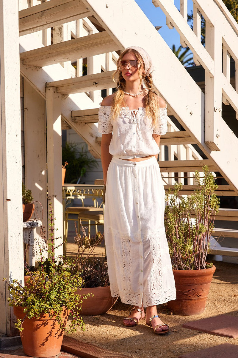 Analeah Lace Maxi Skirt W/ Abalone Buttons- Off White