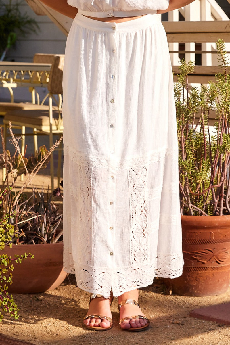 Analeah Lace Maxi Skirt W/ Abalone Buttons- Off White