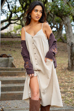 Honey Draped Spaghetti Strap Button Up Dress - Taupe