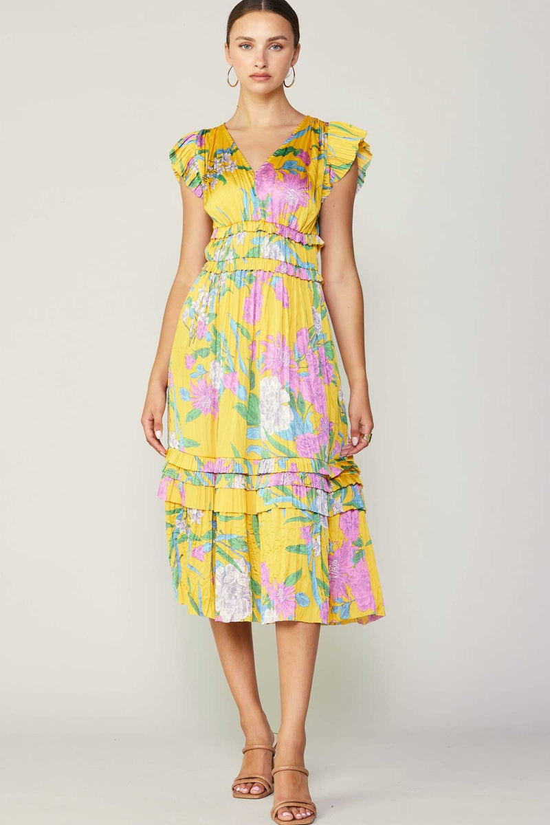 Wildflower Whirl Satin Midi Ruffle Sleeve Maxi Dress- Marigold Florals