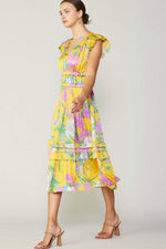 Wildflower Whirl Satin Midi Ruffle Sleeve Maxi Dress- Marigold Florals