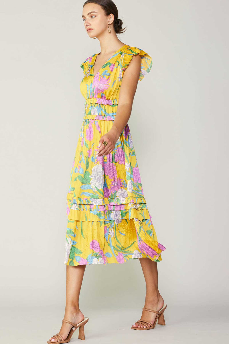 Wildflower Whirl Satin Midi Ruffle Sleeve Maxi Dress- Marigold Florals