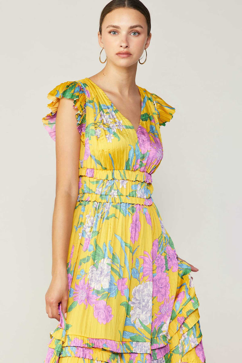 Wildflower Whirl Satin Midi Ruffle Sleeve Maxi Dress- Marigold Florals