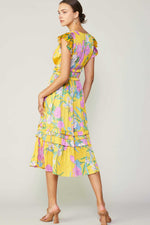 Wildflower Whirl Satin Midi Ruffle Sleeve Maxi Dress- Marigold Florals