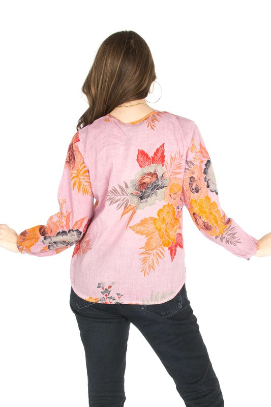 Heartland Honey Tie Embroidered Detail Cotton Blouse- Pink/Multi