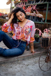 Heartland Honey Tie Embroidered Detail Cotton Blouse- Pink/Multi