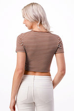 Toffee Twist Round Neck Stripe Crop Top- Mocha/White