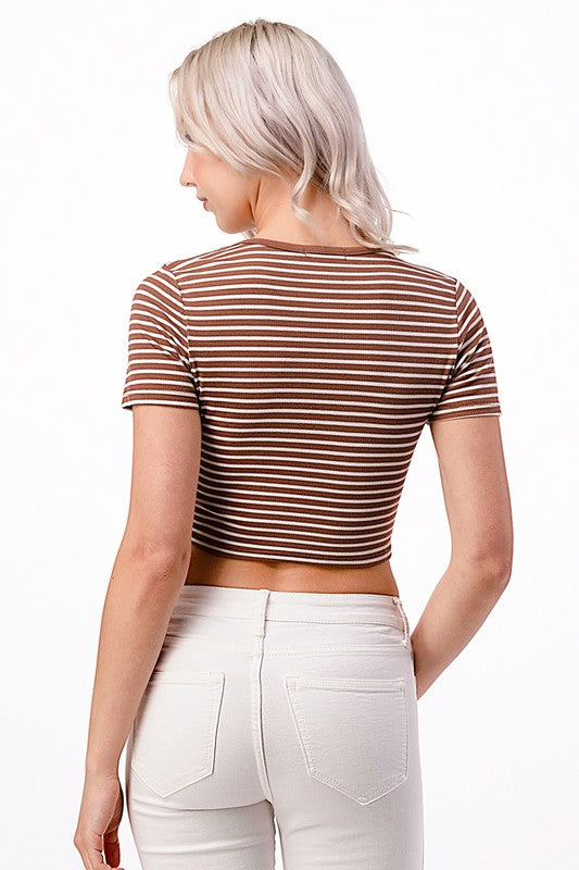 Toffee Twist Round Neck Stripe Crop Top- Mocha/White