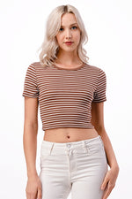 Toffee Twist Round Neck Stripe Crop Top- Mocha/White