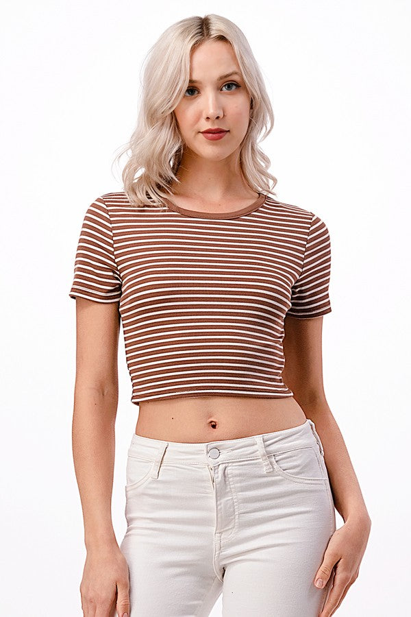 Toffee Twist Round Neck Stripe Crop Top- Mocha/White