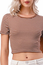 Toffee Twist Round Neck Stripe Crop Top- Mocha/White