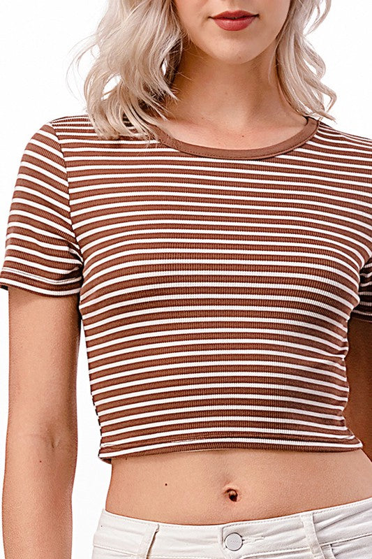 Toffee Twist Round Neck Stripe Crop Top- Mocha/White