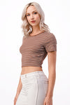 Toffee Twist Round Neck Stripe Crop Top- Mocha/White