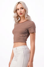 Toffee Twist Round Neck Stripe Crop Top- Mocha/White