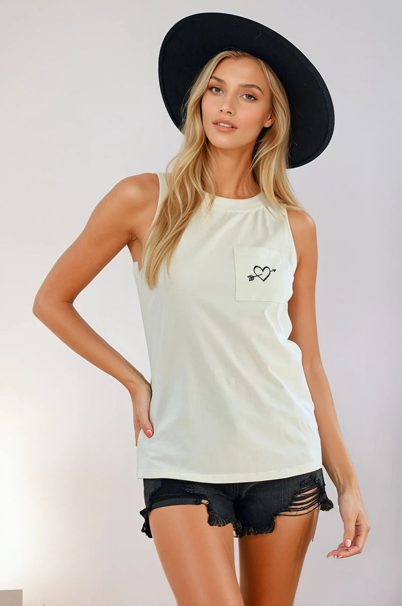 Heart to Heart Pocket Detail Tank Top-Ivory