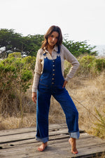 Risen Button Down Ankle Leg Wide Cuffed Overalls- Indigo