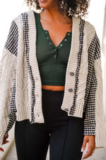 Joy to the World Cableknit Houndstooth Cardigan W/ Specialty Buttons- Ivory/Black