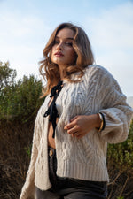 Oyster Bay Front Tie Velvet Bow Cardigan Sweater- Oatmeal/Black