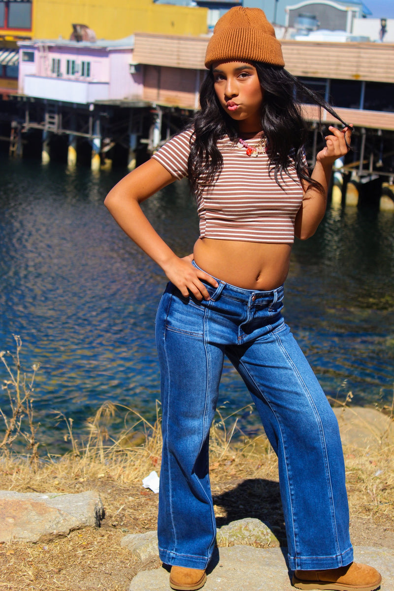 Toffee Twist Round Neck Stripe Crop Top- Mocha/White