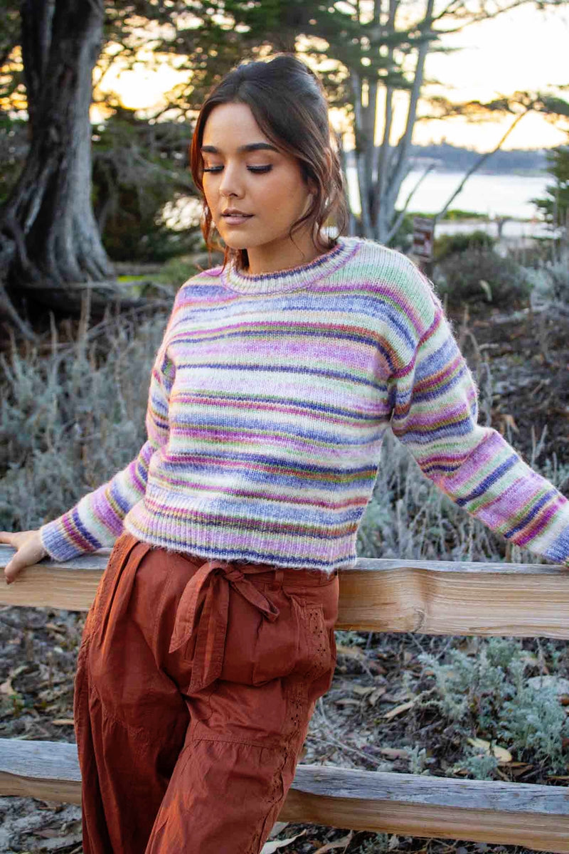 Lush Awakening Cropped Striped Sweater-Lavender Lime