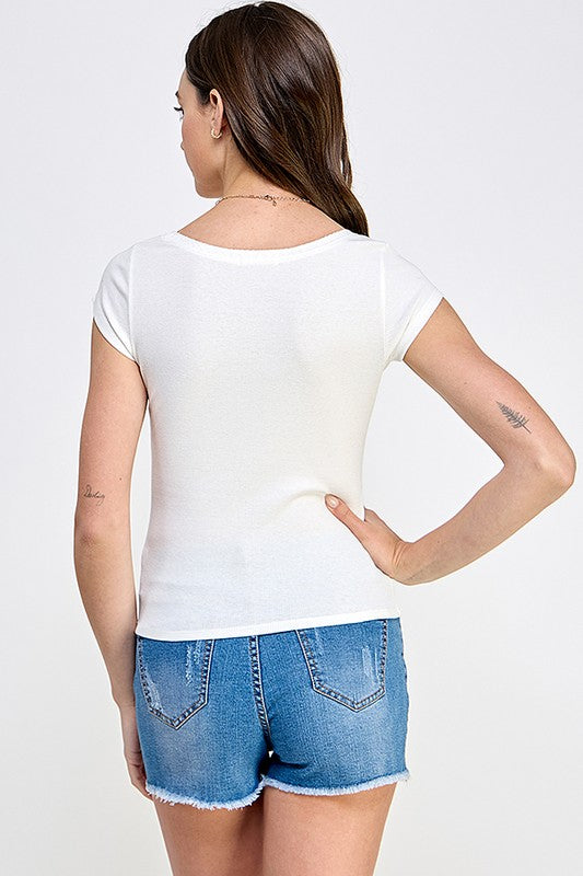 Sugar Snap Round Neck Rosette Top- White