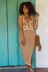 Cabana Cutie Bead Detail Terry Cloth Bodycon Stripe Dress - Taupe/Ivory