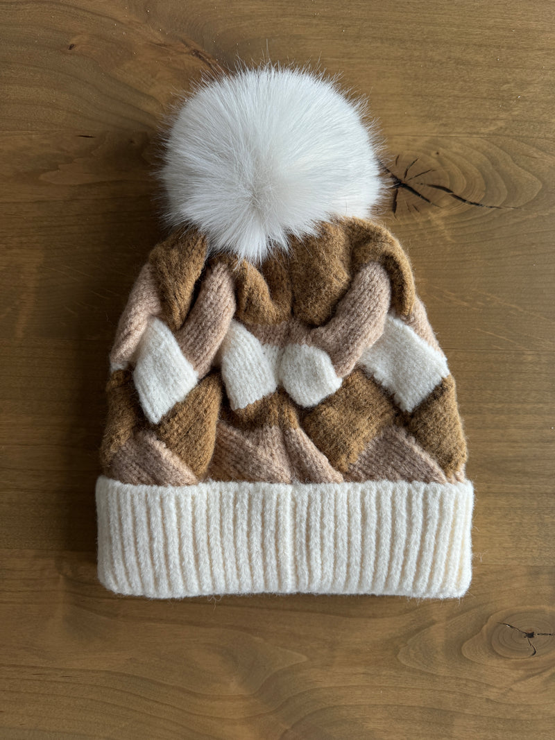 CC Woven Pom Beanie-Camel/Ivory