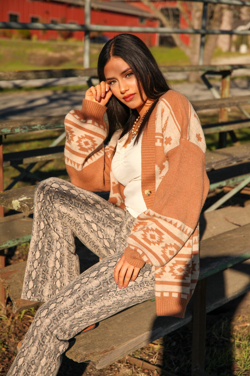 Wander West Western Print Button Cardigan - Oatmeal/Taupe