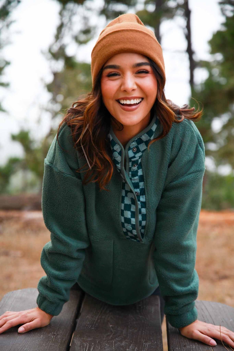 Trailblazer Lofty Fleece Snap Button Jacket Checkered Trim- Green