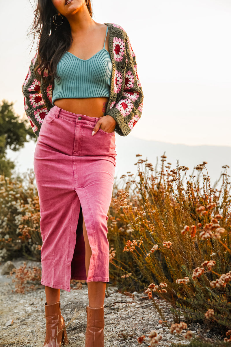 Magenta Denim Maxi Skirt
