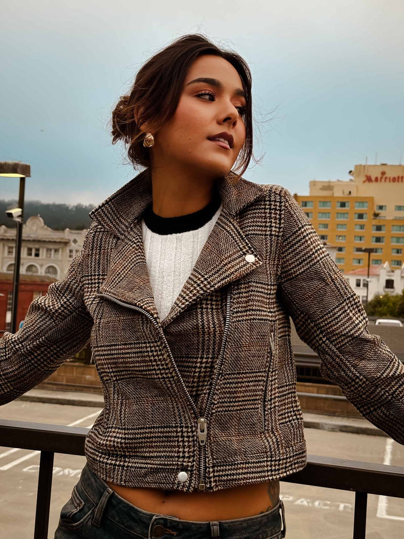 City Living Houndstooth Moto Jacket- Camel/Black