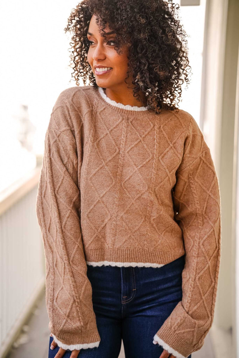 Gingerbread Grove Scallop Trim Cable Knit Pullover Sweater- Gingerbread