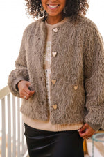 Life’s Delights Shag Faux Fur Jacket W/ Hammered Metal Heart Buttons- Mocha