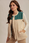 Going Places Color Block Corduroy Vest/Patterned Contrast-Jade/Ecru