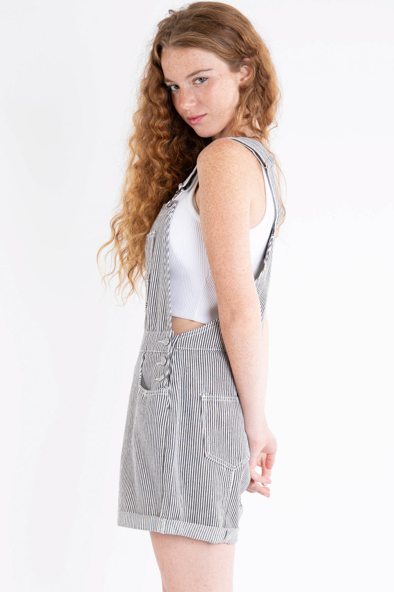 Railroad Daydream Stripe Denim Overall Shorts - Gray/White