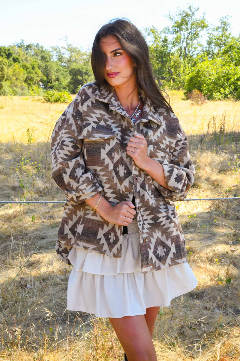 Sundazed Soul Geometric Print Button Up Jacket- Brown/Tan