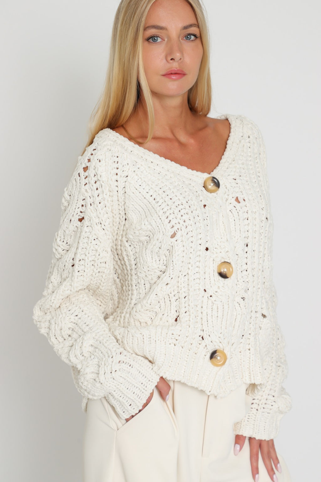 Ginny Button Up Chunky Knit Cardigan- Cream