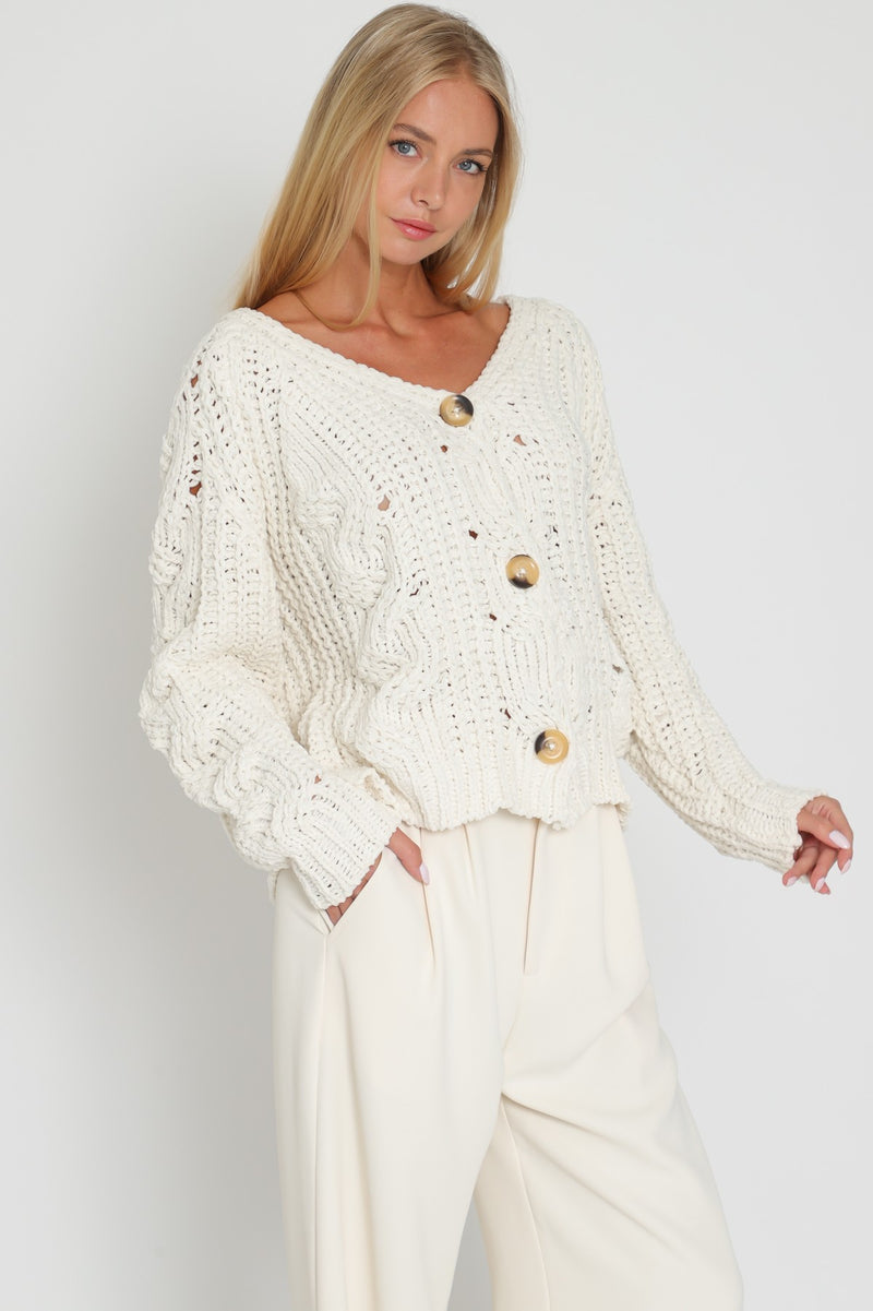Ginny Button Up Chunky Knit Cardigan- Cream