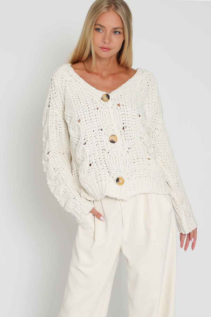 Ginny Button Up Chunky Knit Cardigan- Cream