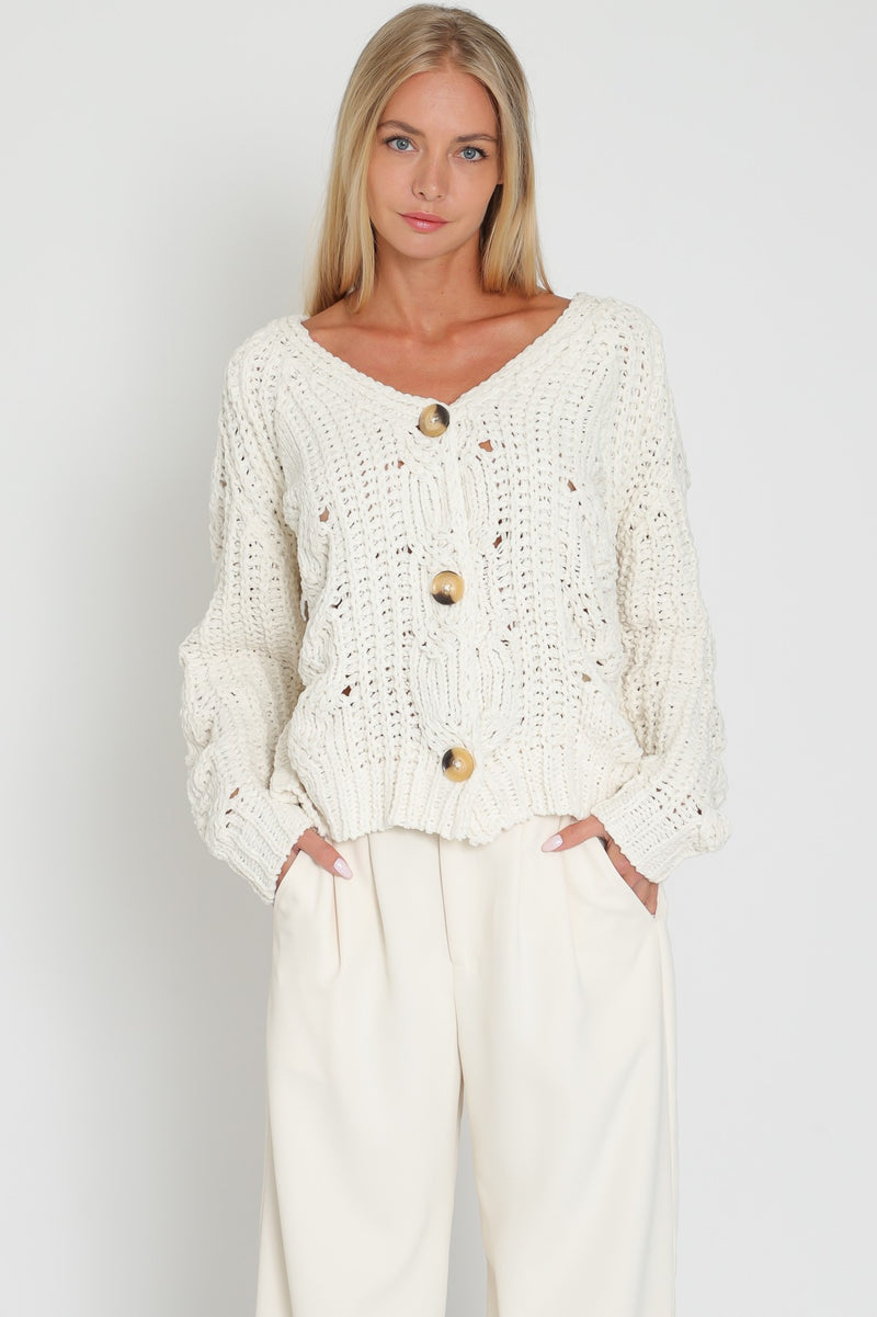 Ginny Button Up Chunky Knit Cardigan- Cream