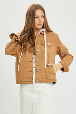 Risen Utility Style Denim Jacket W/ Detachable Knit Contrast Hood- Camel/Ivory