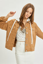 Risen Utility Style Denim Jacket W/ Detachable Knit Contrast Hood- Camel/Ivory