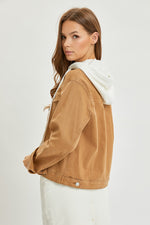 Risen Utility Style Denim Jacket W/ Detachable Knit Contrast Hood- Camel/Ivory