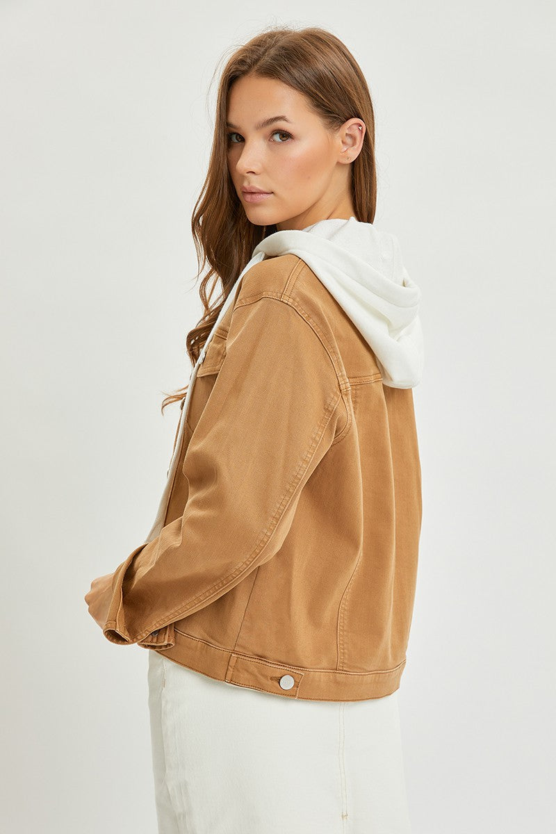 Risen Utility Style Denim Jacket W/ Detachable Knit Contrast Hood- Camel/Ivory