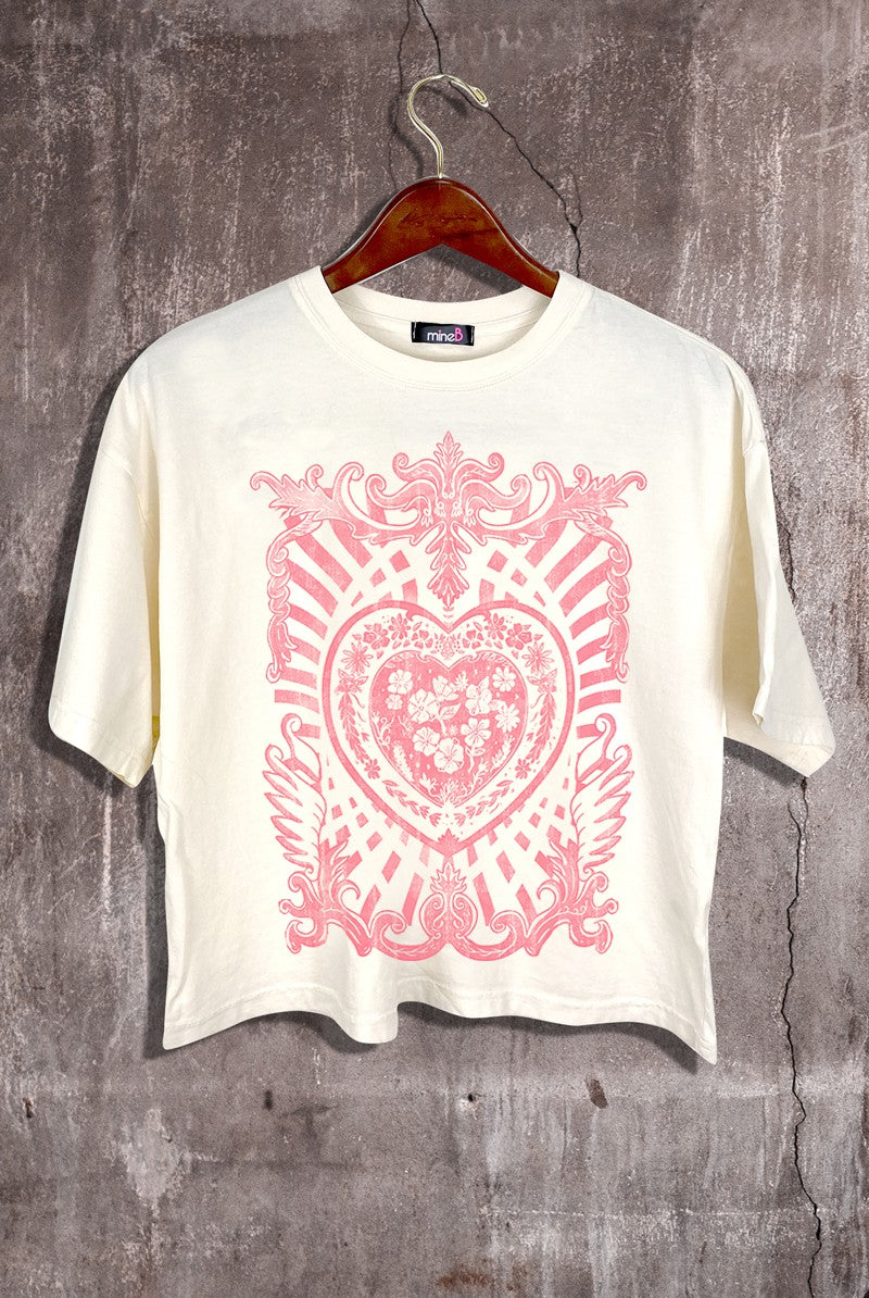 Mine B Corazon Print Graphic Tee- Beige