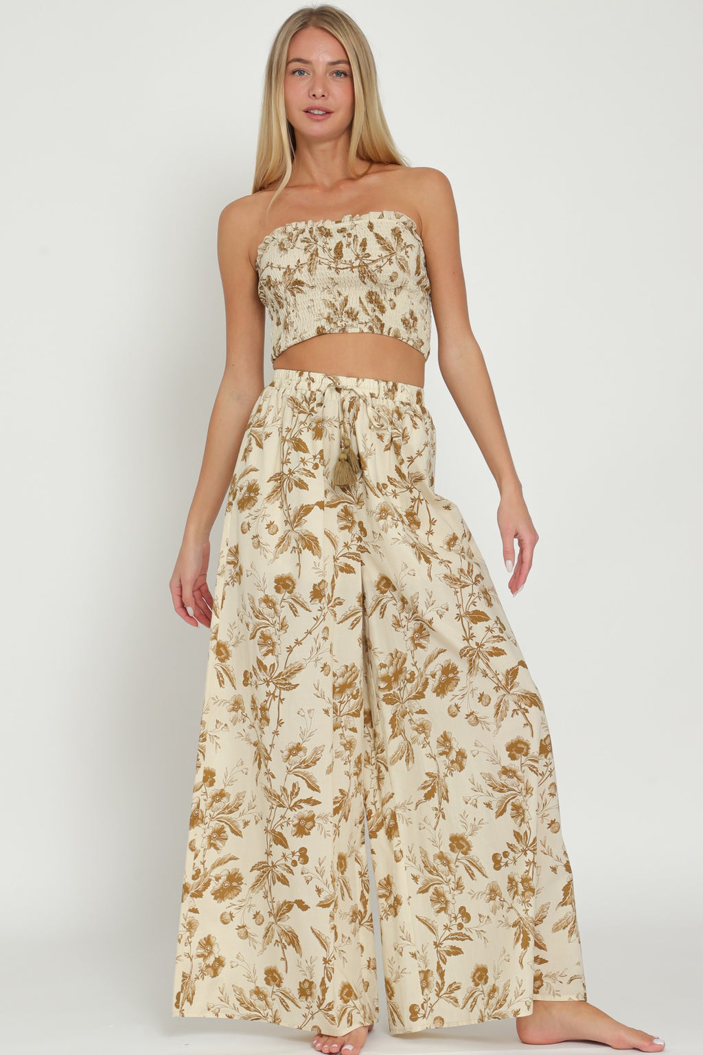 Florence Floral Smocked Tub Top Wide Leg Pant Set - Tan
