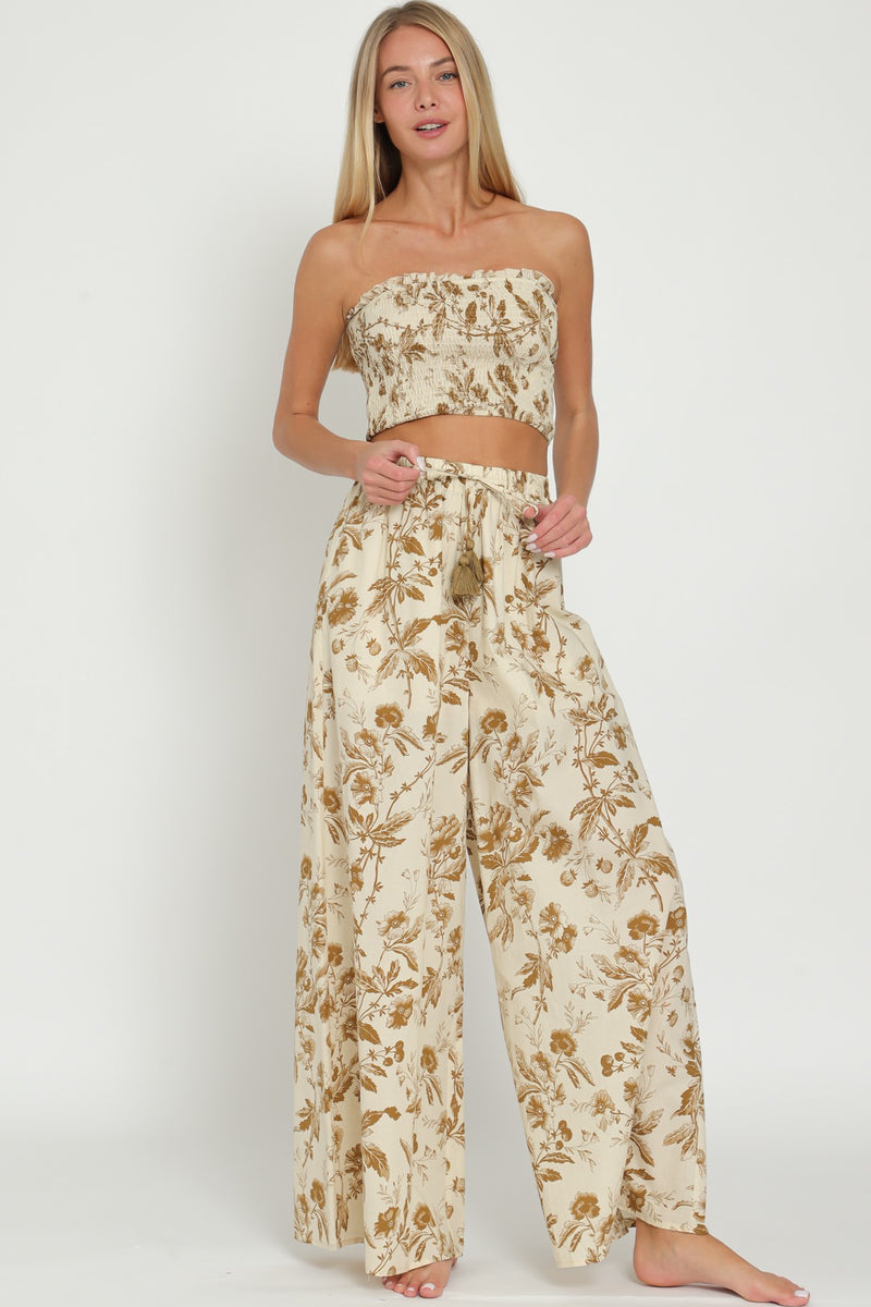 Florence Floral Smocked Tub Top Wide Leg Pant Set - Tan
