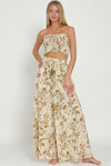 Florence Floral Smocked Tub Top Wide Leg Pant Set - Tan
