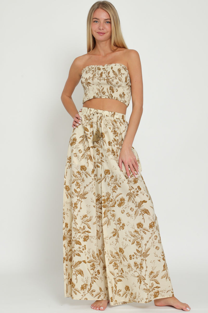 Florence Floral Smocked Tub Top Wide Leg Pant Set - Tan